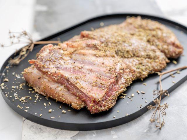 Pork brisket/chuck ribs with fennel and sage rub