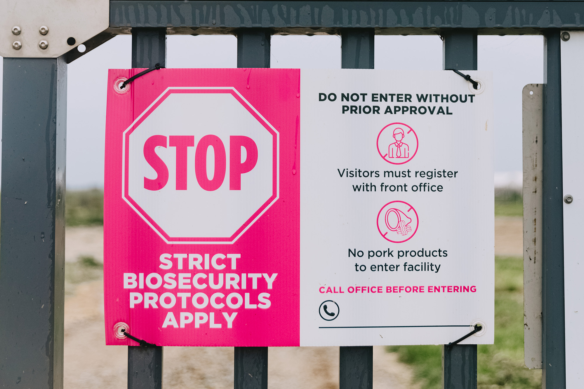 Biosecurity sign on gate