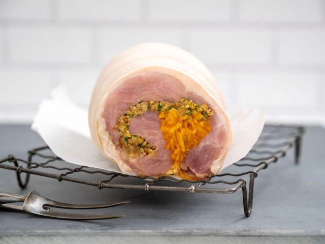 Pork leg roast with curried lentils, pumpkin and sage