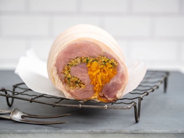 Pork leg roast with curried lentils, pumpkin and sage