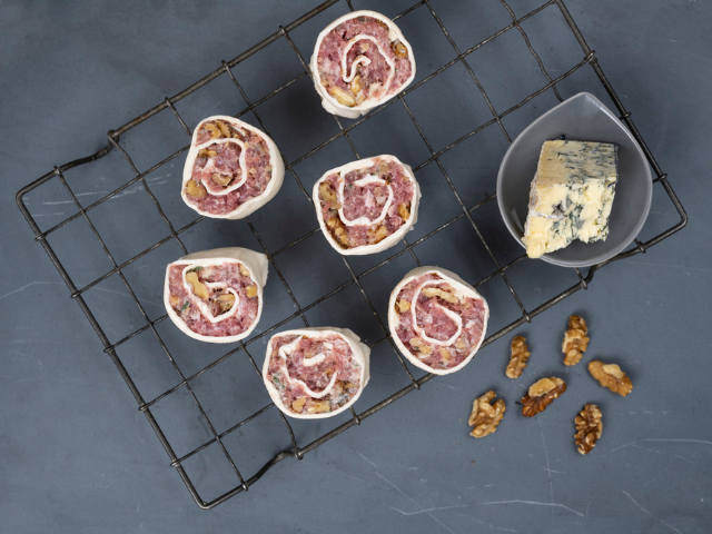 Pork and blue cheese scrolls